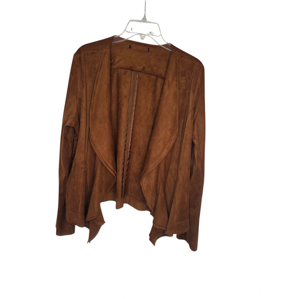 Cognac Brown Faux Suede Draped Open Front Waterfall Jacket Coat Relaxed Fit XL